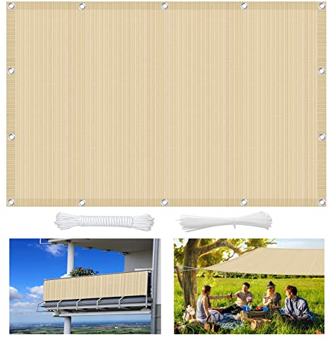 Sonnenschutz Balkon 3.5 x 5 m atmungsaktiv Sonnenschutz Segel Baldachin mit Ösen und Befestigungsseile für Balkon Terrasse Garten, Creme Farben