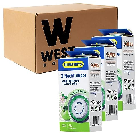 W West Boxx mit 3x Humydry Nachfülltabs, Apfel Tabs für Raumentfeuchter und Lufterfrischer, Fresh Tab mit Apfelduft, für kleine Räume