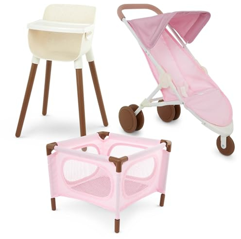 LullaBaby Doll Nursery Playset with Stroller, Playpen and High Chair | Pink nursery care set with high chair, portable playpen, and jogger stroller for most 14-inch dolls and accessories, 2+ Years