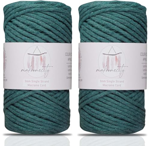 Makromecity, 2 Knäuel einsträngige Makramee-Schnur 3 mm x 91,4 m (100 Yards) Makramee Kordel 3 mm gedrehtes Makramee-Garn, Makramee-Schnur für Makramee-Federn, recycelte Baumwollkordel (Waldgrün, 2