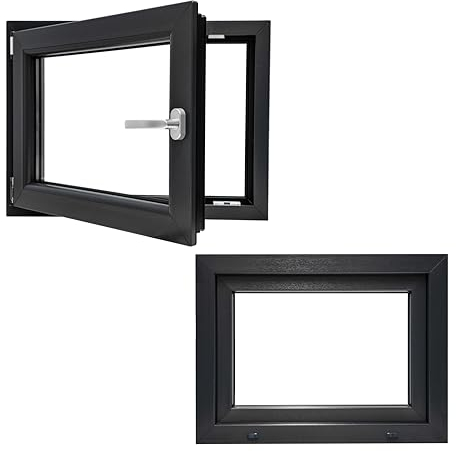 Fenster PVC Kunststofffenster Kellerfenster Garagenfenster Günstig Billig Aluplast Wärmedämmend Dreh Kipp 2-Fach Verglasung Innen und Außen Anthrazit 75x55cm 750x550mm DIN Links Hersteller