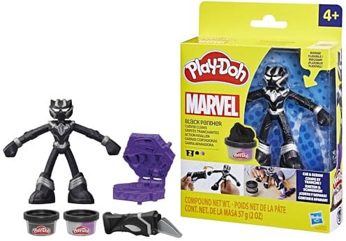 Play-Doh Black Panther Bastel-Set mit Klauen, 2 x 56 g Dosen Knetmassen, Knetwerkzeug und Förmchen, 10 cm Actionfigur aus Marvel, kreatives für Kinder ab 4 Jahren