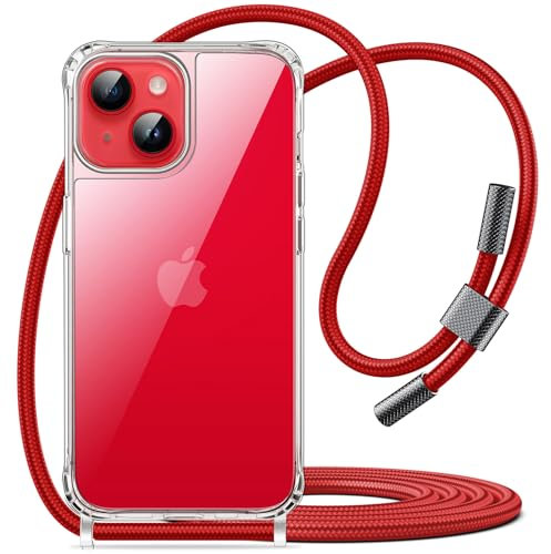 JETech Crossbody Case for iPhone 14 Plus 6.7-Inch with Adjustable Lanyard Strap, Clear Transparent Anti-Yellowing Shockproof Protective Phone Cover with Neck Cord (Red)