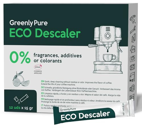 GREENLY PURE Entkalker für Kaffeevollautomaten & Kaffeemaschinen | 100% ÖKOLOGISCH |Universal Kalklöser | Geeignet für alle Marken | 12 x 15g