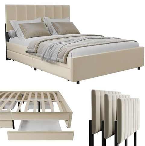 Juskys Samt Polsterbett Soria 140x200 cm mit Lattenrost & Schubladen - modernes Bett - Kopfteil höhenverstellbar - Jugendbett - Doppelbett Beige