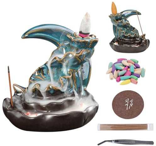 Zayookey Porte-encens Lune Brûleur D'encens à Reflux Brûle Encens Incense Burner Refoulement Porte-encens en Céramique à Cascade pour Bureau Maison Yoga (A)