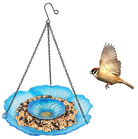 Marineblaues Vogelfutterhaus und Vogelbad aus Glas mit Sonnenblumenmotiv für den Außenbereich – doppellagig, dekorativer Gartenanhänger zum Trinken und Duschen der Vögel