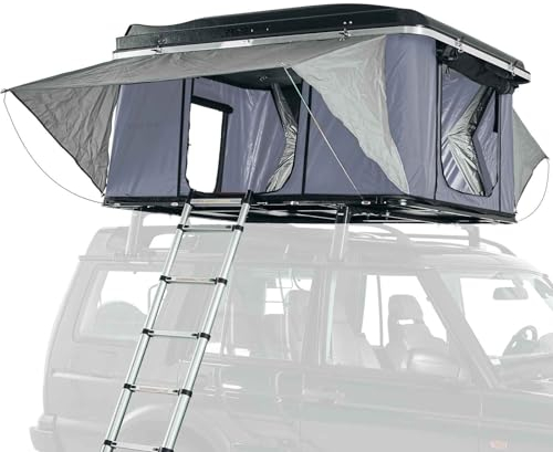 Prime Tech | Hartschalen-Autodachzelt Nevada Pro 210x135 cm Schwarz/Hell-grau | 3D-Mesh & 6cm Matratze | Ripstop-Zeltstoff | Automatik-Öffnung | Hardshell Dachzelt 47 kg
