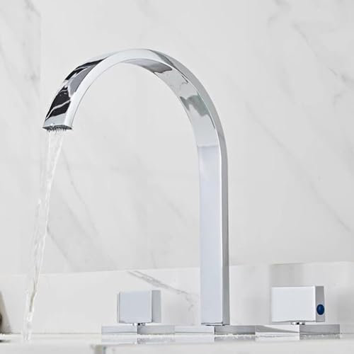 Robinet Lavabo 3 Trous Laiton Double Poignée Cascade Robinet Lavabo Salle de Bain 3 Trous-Chrome