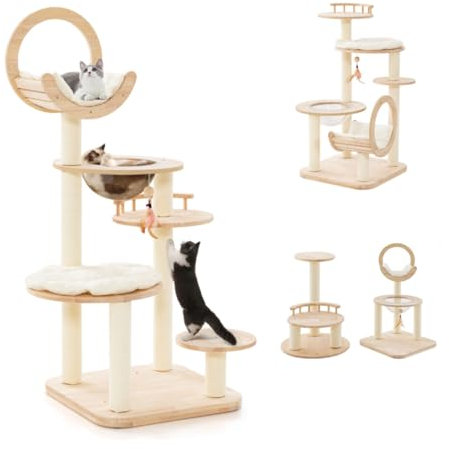 GOPLUS - Árbol para gatos (146 cm, de madera, 4 en 1, con nido en cápsula espacial, percha superior curvada, plataforma de madera de goma con cojines, postes de garra, beige
