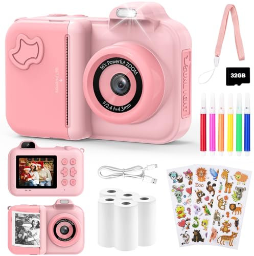Appareil Photo Instantané Enfant, 2.4 Écran 12 MP Appareil Photo Numérique Enfant 5 Roll Papier d'impression, Carte 32GB, Mode Selfie, 1080P HD Video, Cadeau Jouet pour Filles Garçons 3-14 Ans, Rose