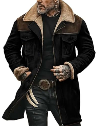 Giubbotto Invernale Uomo Giacca Vintage in Pelle Scamosciata Colletto rovesciato Giubbino Giacchetto Foderata in Pile Caldo Lavoro Cappotto Con Bottone e Tasche Manica Lunga Sherpa Termica Morbido