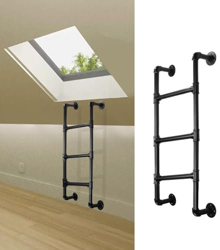 3-Rung Stufen Wandleiter für Etagenbetten, Kellerfensterschächte und Dachböden, Ausstiegsleiter aus schwarzem Metall, 150kg Tragkraft, 100 cm, ideal für Dachboden, Schlafsaal,