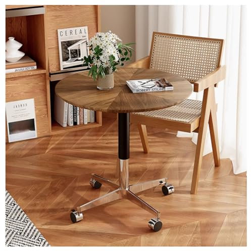 Esstisch aus Massivholz mit verstellbarer Höhe und gekreuztem Metallsockel, moderner runder kleiner Tisch für Büro oder Kaffeesitze, 4 x 6 dunkelbraune 70 cm große Rollen im Lieferumfang enthalten