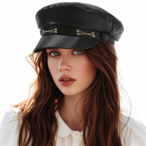 KUMSODE Berretto da Donna Alla Moda,Basco Nero Donna, in Pelle PU Bakerboy Flat Visor Baret, Autunno Primavera Inverno Cappello Donna