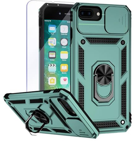 Teayoha Camera Case for iPhone 7 Plus iPhone 8 Plus,with Screen Protectors, Military Grade Shockproof Cover with Magnetic Rotatable Ring Kickstand Protective Case (5.5-Inch),Green