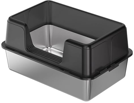 Crevyteg Stainless Steel Cat Litter Box, High Sides Large Cat Litter Box Metal Tray, Easy Cleaning Anti-Splash Deepened Semi-Enclosed Cats Toilet, Black,50x35x23cm