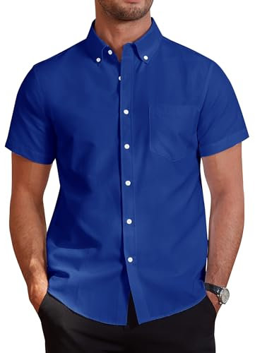 J.VER Mens Short Sleeve Shirts Smart Casual Cotton Oxford Regular Fit Non Iron Work Button Down Summer Shirt Blue XL