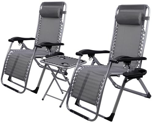 Truevaste Sonnenliege, Klappbar mit Gartenliege Mit 300kg Belastbar, Liegestuhl 3-Teiliges Set, Verstellbarem Rückenteil Strandliege, für Strand Garten Terrasse Balkon Campingliege, Grau