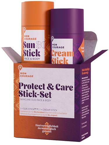 MON COURAGE Protect & Care Set LSF30+ [DERMATEST SEHR GUT] 3in1 Feuchtigkeitscreme trifft wasserabweisenden Sonnencreme Stick mit UVA/UVB Schutz - Sun & Cream Stick Set mit natürlichen Wirkstoffen