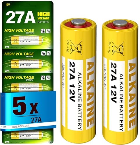 5 Plus 27A 12V Alkaline Batteries – 5-Pack A27, V27A, LR27A, MN27, L828 Replacement Batteries for Garage Door Remotes, Keyless Entry, Doorbells & Security Devices