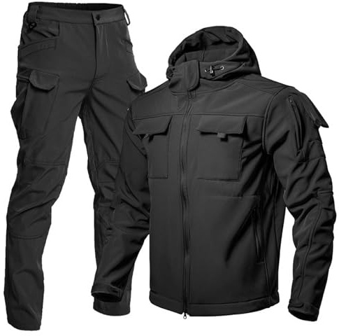ZDSUHYIW Combinaison de pluie, de moto, pour homme, 2 pièces, veste de transition, veste de pluie, pantalon cargo chaud, pour l'hiver, tenue militaire, vêtements de chasse, Noir, XL