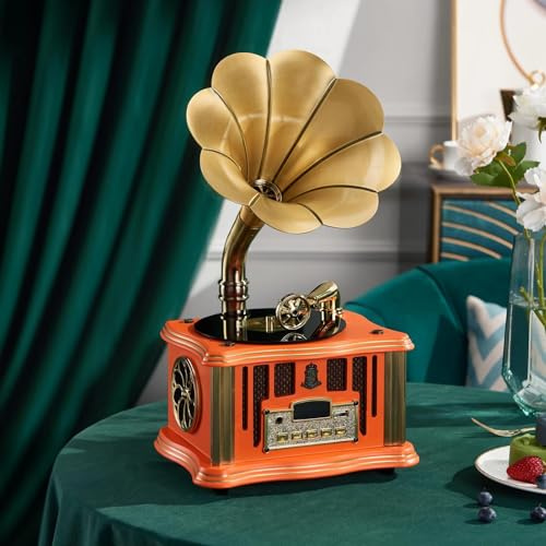 Gramophone Tourne-disque vinyle avec haut-parleurs intégrés, Bluetooth, style classique pour les amateurs de musique vintage