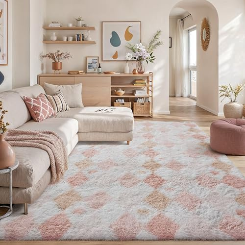 HUGEAR Kariert Flauschig Teppich Wohnzimmer 240x300cm Rosa Weiß Shaggy Carpet