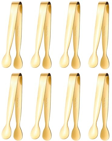 HONRIGO 8pcs Stainless Steel Mini Tongs, 4.3 Inch Small Serving Tongs for Kitchen Parties Appetizers Ice Sugar Cubes Buffet Tea Party (Gold)