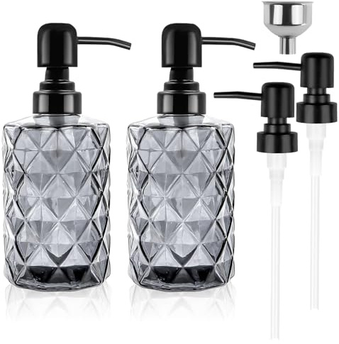 alwaiiz 2 Stück Seifenspender Glas 330ml, Schwarz Soap Dispenser mit Edelstahltrichter und 2 Metallpumpen 2 Kunststoffpumpen, Handseifenspender für Badezimmer Küche