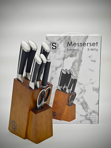 Sharpwoods Premium Messerset, 8-Teilig, Holzblock aus Kiefer, Edelstahlklingen mit Küchenschere und Wetzstahl, Ergonomische Griffe (Schwarz)