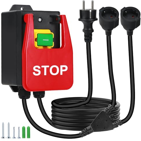 BOSYTRO Nouvelle version Interrupteur, Interrupteur Monophasé 220V, Interrupteur de Sécurité Avec cordon d'alimentation 2m,avec 2 Prises Pour couper rapidement l'alimentation de l'équipement (stop)