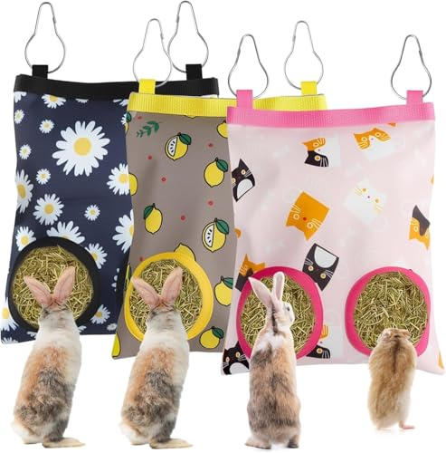 Heusack für Kaninchen 3er Set – Hängender Heutasche für Meerschweinchen, Chinchillas, Hamster, 24x19cm, Mit 2 Löchern, Wasserdicht, Robust und Langlebig für Kleintiere