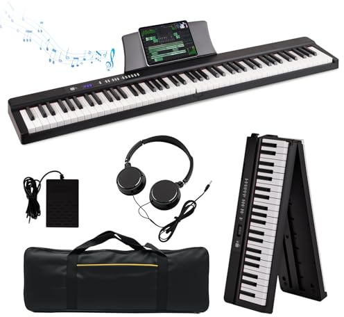 Faltbares Digitalpiano 88 Tasten｜Keyboard Piano für Anfänger & Erwachsene｜Tragbares E-Piano mit 128 Sounds & Rhythmen, 80 Demos｜Bluetooth MIDI Audio｜inkl. Sustain Pedal, Tasche & Zubehör