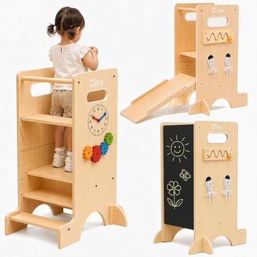 Olvy Kids 4-in-1 Montessori Learning Tower – Learning Tower – Wooden Step Stool – 4-Step Children’s Ladder – Kitchen Helper for Kids – Standing Tower from 1 Year – Foldable Children’s Step Stool