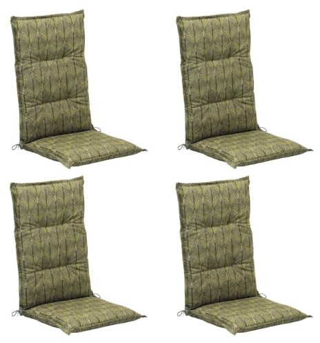 4er Set Hochlehner-Stuhlauflagen Grün mit Blättermotiv – Gartenstuhlauflage 120 x 50 x 7 cm – Baumwolle Polyester Mischgewebe – Komfortpolsterung für Hochlehnstühle – Gefertigt in Deutschland