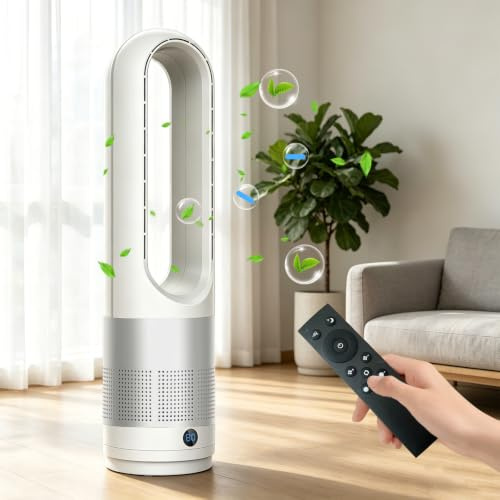 CFITANK Rotorloser Ventilator mit Fernbedienung, cooling ace Lüfter, Luftkühler, mobiles Klimagerät, 8 Gänge, 80° Oszillation, 8H Timer, Energiesparend Bladeless Fan für Schlafzimmer Zuhau