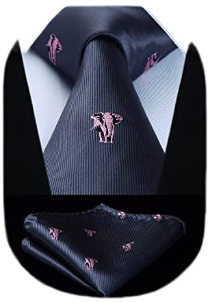 HISDERN Grau Krawatte für Herren Elefant Hochzeit Taschentuch Business Klassisch Krawatte und Einstecktuch Set