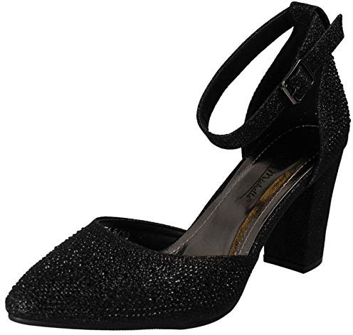 Anne Michelle Ladies Block Heel Glitter Court Shoes - Black Textile - UK Size 7 - EU Size 40 - US Size 9