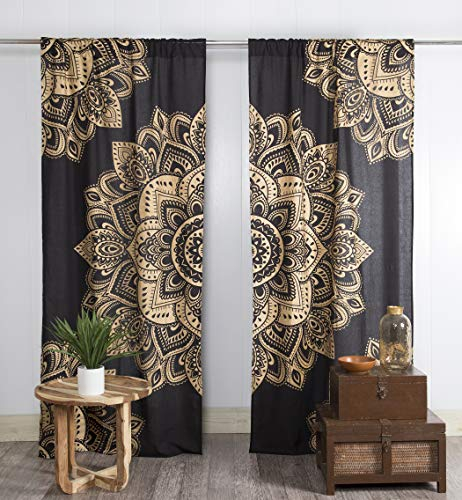 Popular Handicrafts Boho Mandala Vorhänge Indischer Hippie Stil Ombre Passion (Schwarz und Gold)
