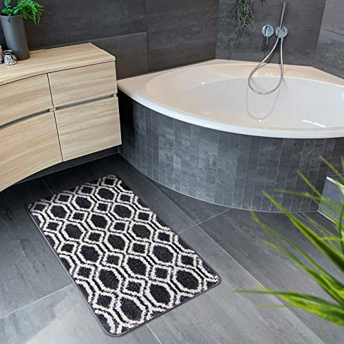 Floordirekt Badematte | Badezimmerteppich | Rutschhemmend & Schnell trocknend | Geeignet für Fußbodenheizung | Super Soft | 3 Designs - 2 Farben - 4 Größen (80 x 150 cm, Casablanca | Schwarz)