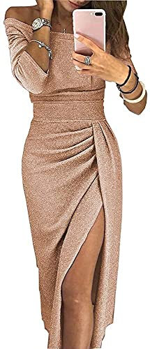 Angel ZYJ Abito da Donna Senza Spalline Lucente da Cocktail, Max 3/4 Maniche, Spacco Alto (Rose Gold, S)