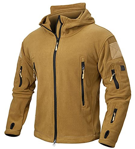 CARWORNIC Veste polaire tactique pour homme - Veste à capuche militaire chaude - Pour sports de plein air et randonnée - Avec poches multiples, kaki, XXL