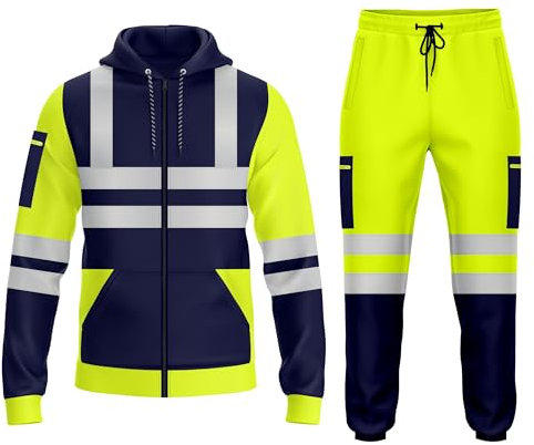 trending babz Mens Hi Vis Viz Zip Up Hooded High Visibility Tracksuit Zip Sweatshirt & Jogging Bottoms Joggers Reflective Tape Safety Work Full Set