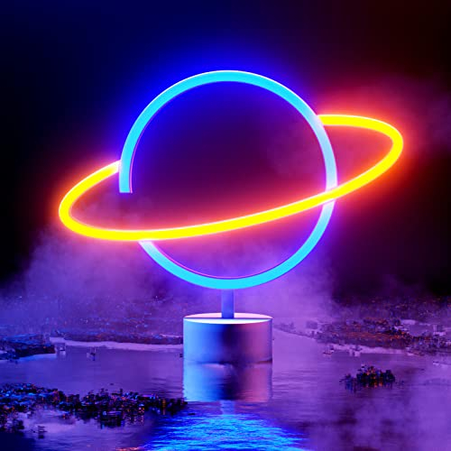 HOSYMO Planet Neon Sign, LED Neon Light Leuchtreklame mit Ständer, Batterie oder USB Betrieben, Saturn Neon Schild Licht Deko für Party, Bar, Schlafzimmer, Weihnachten