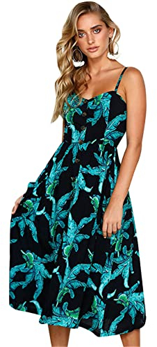 Yming Damen Knopf Midikleid Swing Täglich Langes Kleid Boho Bedrucktes Kleid Gras Schwarz 3XL