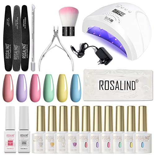 ROSALIND Shellac Set Starterset mit Lampe 48W, 6 Colours 10ml UV Gel Nagellack Set, Base Matt Top Coat, Nagelset Gelnägel Starterset Komplett