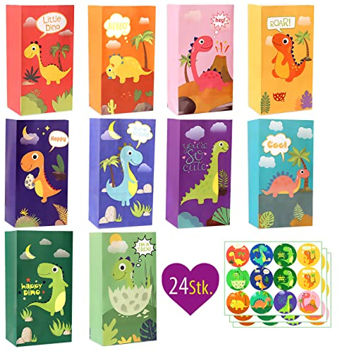 24 Stück Dino Geschenktüten Kindergeburtstag | Dinosaurier Papiertüten Partytüten Geburtstagstüten | Geschenk Mitgebsel Tüten Kraftpapier | Geschenkverpackung Geburtstagsparty | 24 Aufkleber
