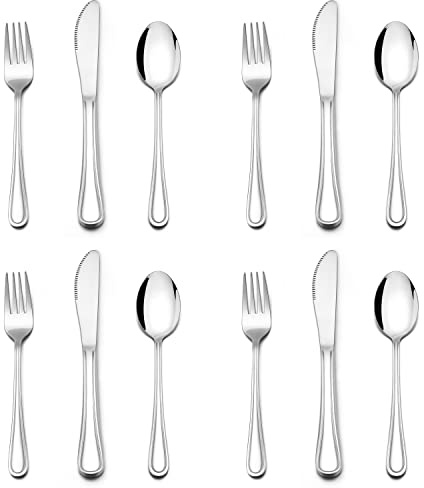 E-far 12-Piece Kids Silverware, Stainless Steel Toddler Kids Utensils Safe for Preschooler/Children, Includes 4 Forks 4 Spoons 4 Knife, Slimline Adult Look & Small Size, Rust Free & Dishwasher Safe