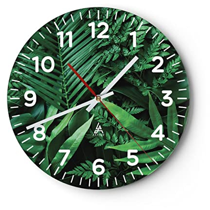 Modern Wanduhr Exotisch Blätter Monstera 40x40cm Rund Groß Wand Uhr Glas Analog Zimmeruhren Küche Büro Wohnzimmer Glasuhr Wall Clock Dekoration Design Wanddekoration Küchenuhr C4AR40x40-4746